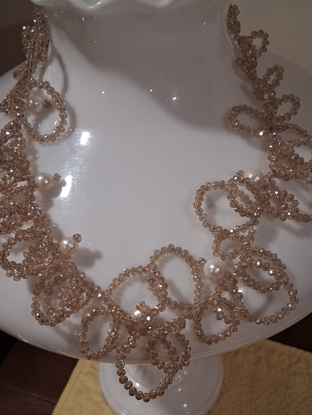 Champagne Crystal Loop Necklace with Pearl Accents